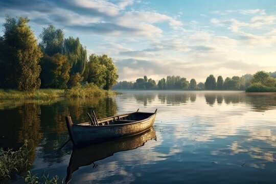 A serene image of a small boat peacefully floating on top of a calm lake. This picture can be used to evoke feelings of tranquility and relaxation. Perfect for nature-themed projects or for showcasing