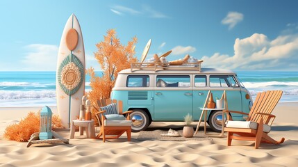 3D sea, sandy beach with umbrellas to protect from the sun Surfboard, tour bus, starfish, shellfish, chair, soft light, soft pastel, clay icon, blender, pastel background. Generate AI - obrazy, fototapety, plakaty