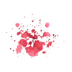 Red, burgundy spots, splashes of watercolor paint drawn by hand. Isolated object on a white background.