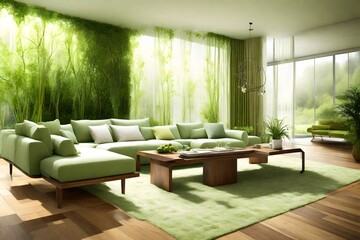 modern living room in natural green theme