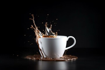 White cup with brown liquid splash, levitation concept. Generative AI
