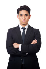 handsome asian business man in a suit with his arms crossed.isolated on transparent background