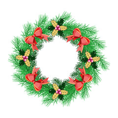 Fototapeta na wymiar Christmas wreath with fir branches, holly berry and red bow. Vector illustration.