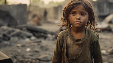 Homeless child cries, family killed by soldiers, homes destroyed. - obrazy, fototapety, plakaty