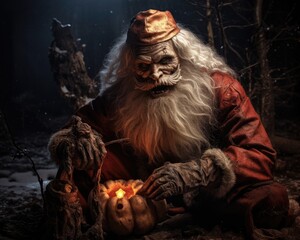 Fototapeta na wymiar The Distraught Santa: Spooky Halloween Scene with Creepy Pumpkin and Horror