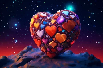 Fotobehang Colorful 3D heart with rocks and stars, encapsulating an universe, under a night sky background. Perfect for St. Valentine's Day, weddings, anniversary or Mother's Day. Generative AI © Silas