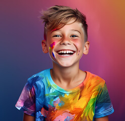 smiling kid boy with colorful painted t shirt isolated or against city road,sidewalk.happy child with rainbow lgbt clothes.generative ai