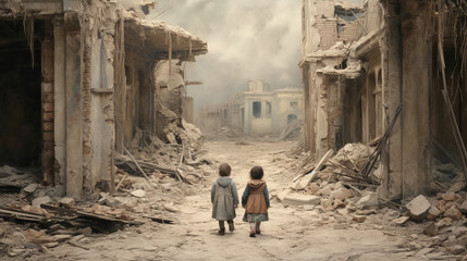 Fototapeta na wymiar Innocence Amidst the Ruins: Embracing Children in War-Torn Debris,hyper realistic