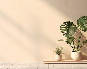 empty beige wall and monstera or other plants in pots,sunshine from outside,window frame shadow. banner with free space for text.generative ai