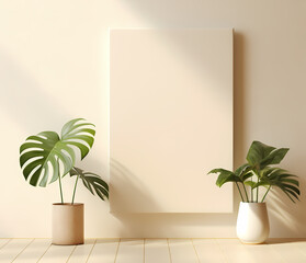 empty beige wall and monstera or other plants in pots,sunshine from outside,window frame shadow. banner with free space for text.generative ai