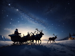 santa claus in sledge with reindeer night sky over full moon merry christmas happy new year concept horizontal flat vector illustration