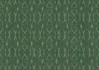 Hand-drawn unique abstract seamless ornament. Light green on a darker warm green background, with splatters of golden glitter. Paper texture. Digital artwork, A4. (pattern: p10-3c)