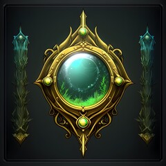 2d level gaming frame design gold ultra quality icon green Treant Circular medalion with glass sphere sword warcraft style 
