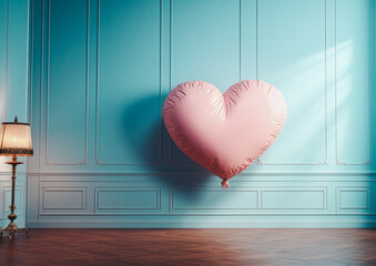 A large pink furry heart-shaped balloon floating in an elegantly styled blue room in daylight.