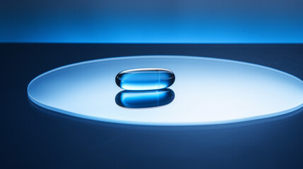 A blue pill on a reflective surface