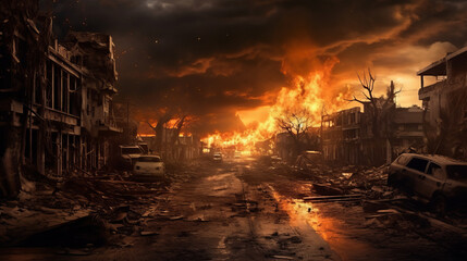 a destroyed city with a fire storm in war.