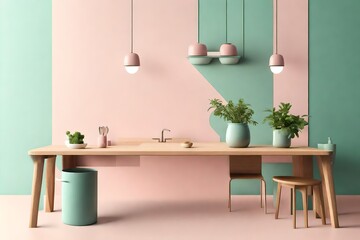Minimal kitchen interior mock up design for product presentation background or branding concept with green counter bright wood top and pink wall include vase with plant chopping block and glass.