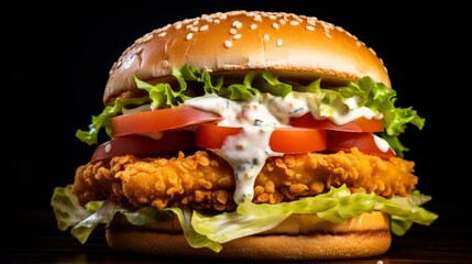 Big hamburger with chicken nuggets and sauce on a black background