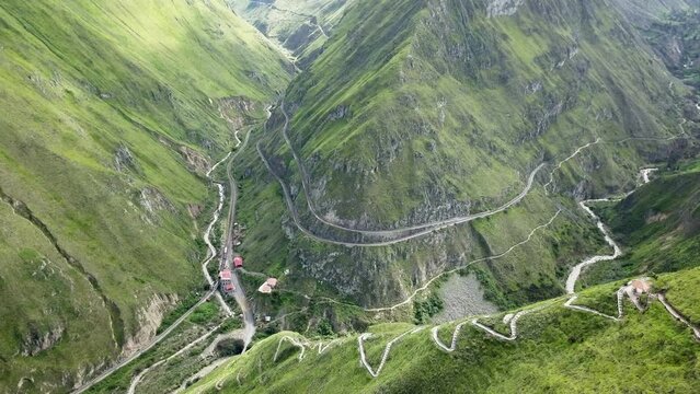 Aerial of Nariz del Diablo, devil&rsquo;s nose, a famous railroad track in the andes of Ecuador, so steep, it has to zig zag up the mountains with reversing into dead ends, South America