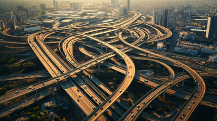 From above, we see a network of interconnected highways bustling with traffic..