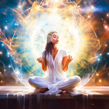 A serene image depicting a person meditating under the night sky surrounded by cosmic energy
