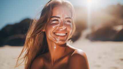 Behold a beautiful Caucasian woman, her skin flawless and glowing, as she enjoys the warmth of the sun, her smile lighting up her face..