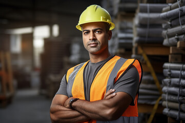 Portrait of multi ethnic industrial worker with arm folded working in logistic industry indoor inside factory warehouse.