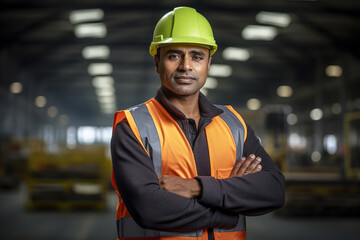 Male Indian industrial worker standing with folded arms wearing safety vest and helmet working in logistic industry indoor inside factory warehouse.