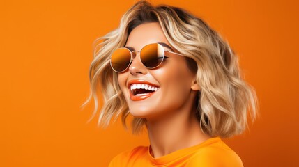 Happy beauty woman in orange color