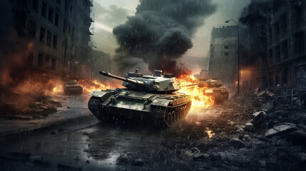 Armored tank crosses war-torn city - obrazy, fototapety, plakaty