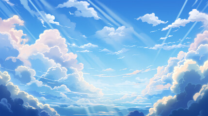 A sunny summer sky adorned with anime-styled fluffy white clouds and a radiant sun.