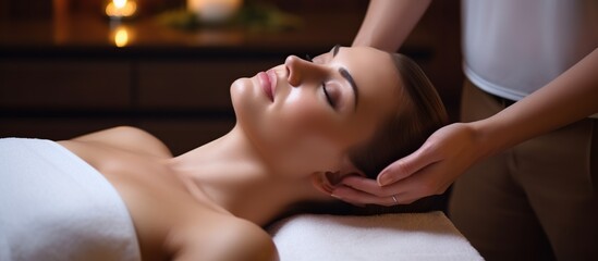 Obraz na płótnie Canvas Young beautiful woman doing facial massage