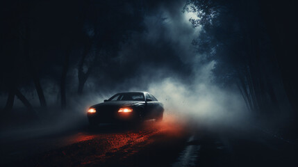 Fototapeta na wymiar Navigating a car through thick fog, encountering hazardous road conditions during nighttime..