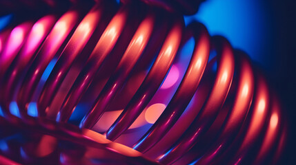 Bathed in neon light against a dark backdrop, we examine a coiled metal spring with impressive strength and elasticity.. - obrazy, fototapety, plakaty