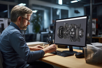 Machine engine development engineer man working on prototype component on computer at his desk in the modern industrial design laboratory.