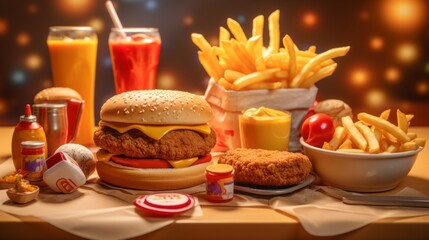 Delicious hamburger with french fries and cola drink on table