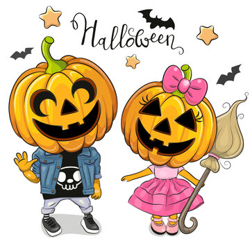 Two Halloween Pumpkins Girl and Boy