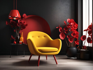 Cyclamen pink armchair in black interior room 3D Rendering