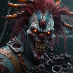 Crazy cyborg clown with a chainsaw,  hyper realistic, ultra detailed