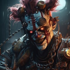 Crazy cyborg clown with a chainsaw,  hyper realistic, ultra detailed