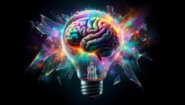 Fototapeta  a brain in a light bulb with colorful explosions around it. The brain is in the center of the image and is pink, purple, and blue in color.