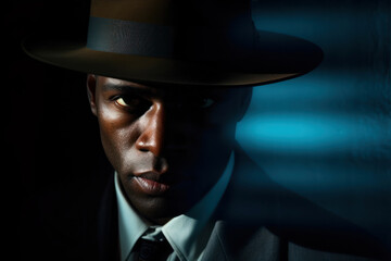 Close-up portrait of a handsome african american man wearing fedora hat - obrazy, fototapety, plakaty