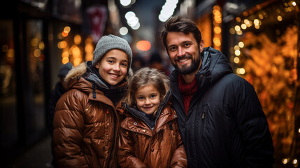 Obraz premium Single parent family. Father and daughters walk through the Christmas market. Festive mood. Together for gifts. Close-up. Generative AI