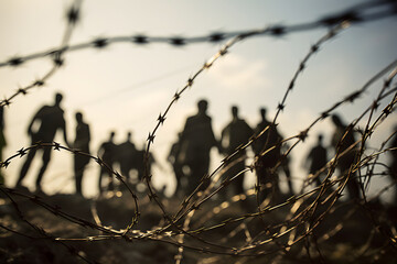 Blurred silhouettes of refugees human crowd behind iron barbed wire fence on border - obrazy, fototapety, plakaty
