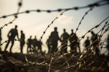 Foto op Plexiglas Blurred silhouettes of refugees human crowd behind iron barbed wire fence on border © Bonsales