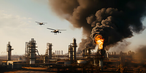 UAV attack with dropping bombs on oil refinery area. Industrial plant is in fire after explosion.
