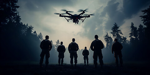 Fototapeta na wymiar Soldiers and engineers fly military grade drone in dense forest for observation and attack of enemy