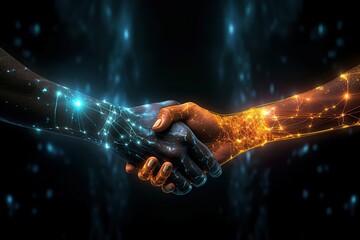 Two people shaking hands, business network connection