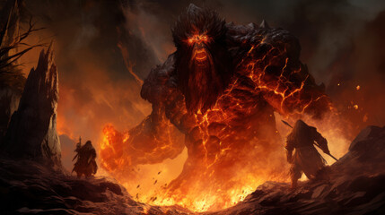Fire Giant In Muspelheim Realm of the Fire With Magma. Fantasy Norse Mythology And Viking Mythology. Nordic Mythology Landscape. Generative AI - obrazy, fototapety, plakaty