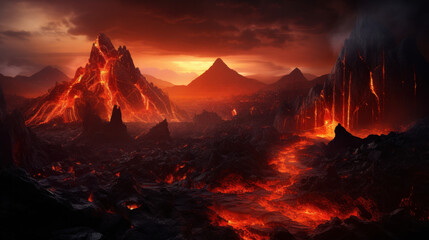 Fototapeta premium Muspelheim Realm of the Fire With Volcano and Magma Of The Fantasy Norse Mythology And Viking Mythology. Nordic Mythology Landscape. Generative AI